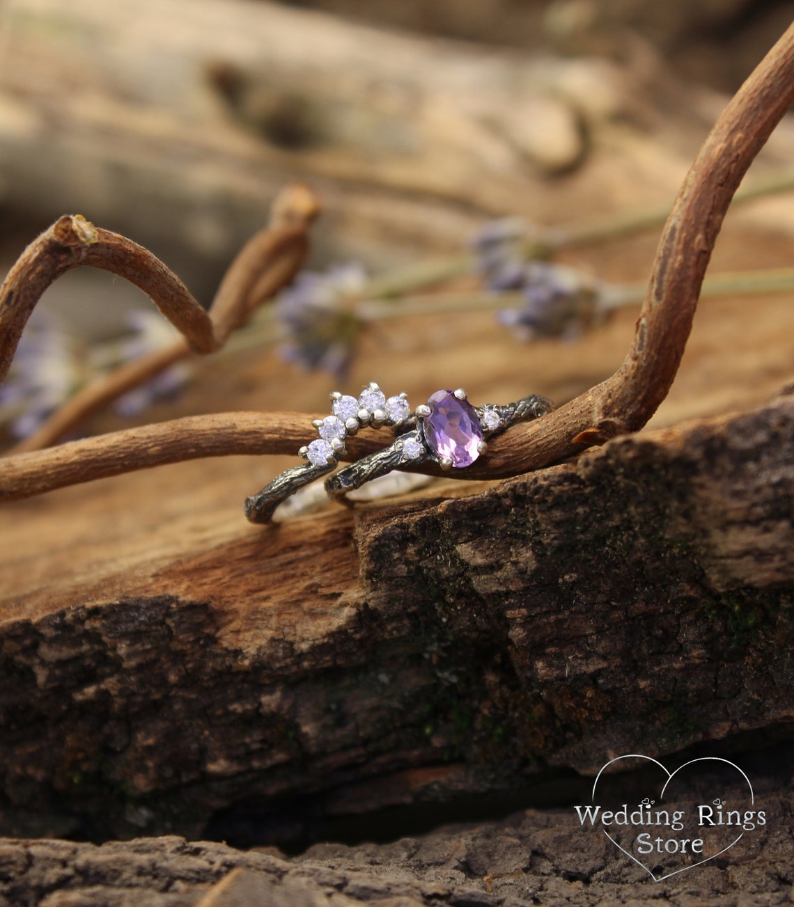 Amethyst & Cubic Zirconia Tiara Small Silver Twig Bridal Ring Set