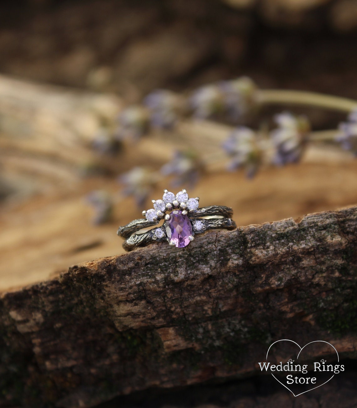 Amethyst & Cubic Zirconia Tiara Small Silver Twig Bridal Ring Set