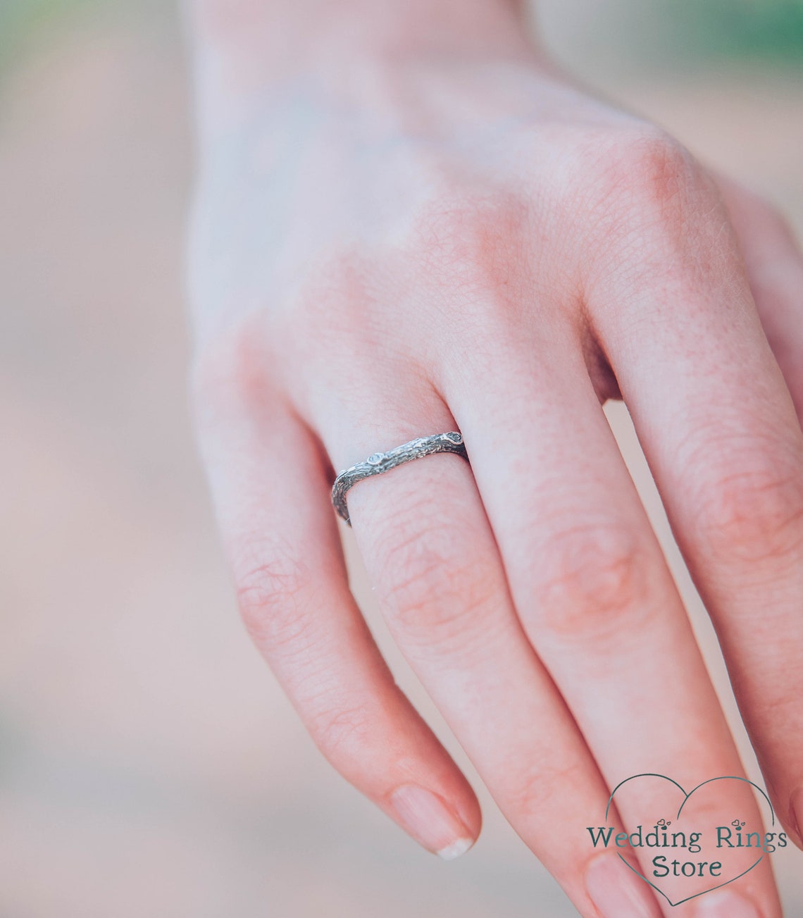 Tiny Tree bark Silver Stackable Wedding Band