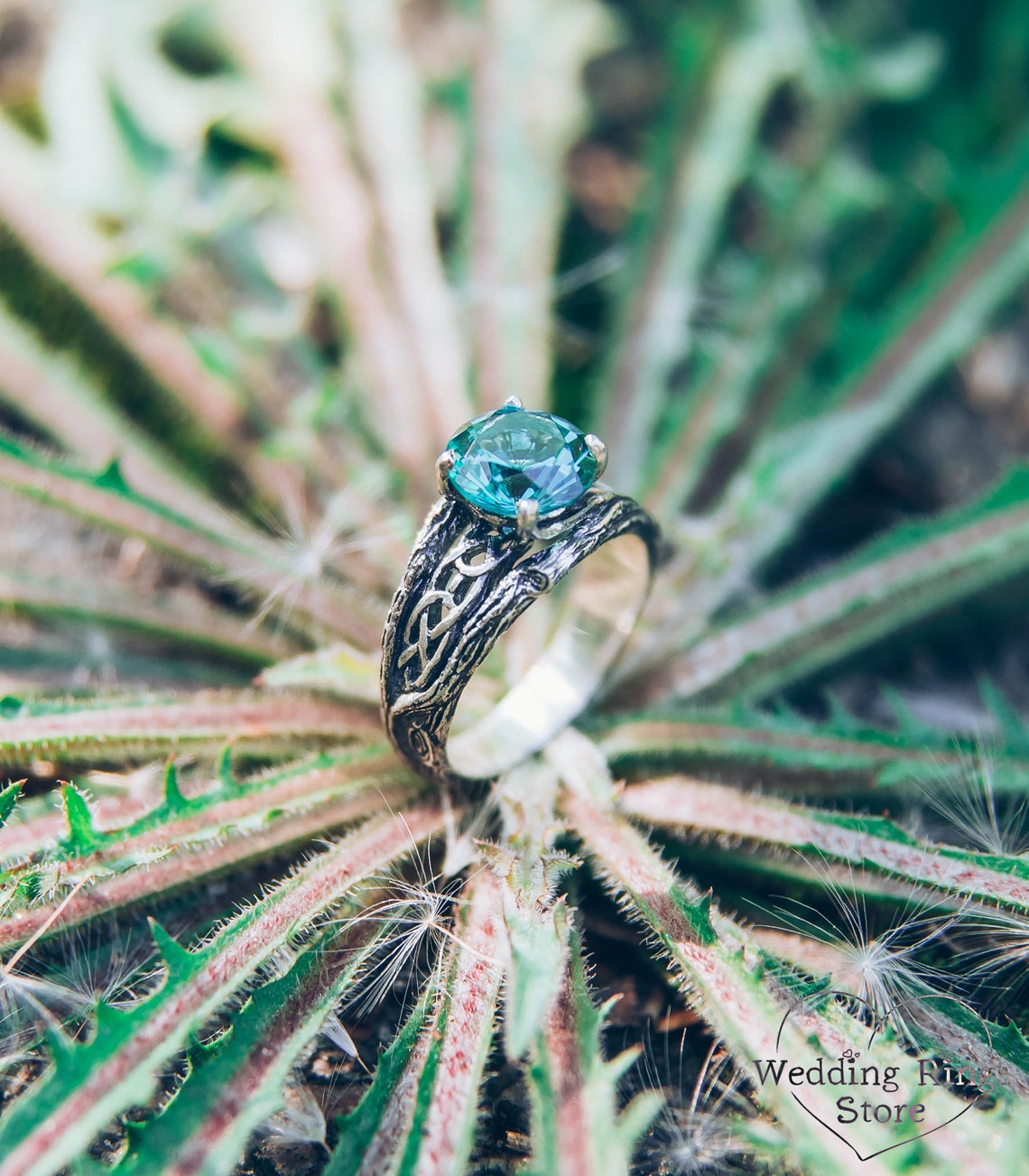 Silver Celtic Engagement Ring — Green Quartz and Tree bark