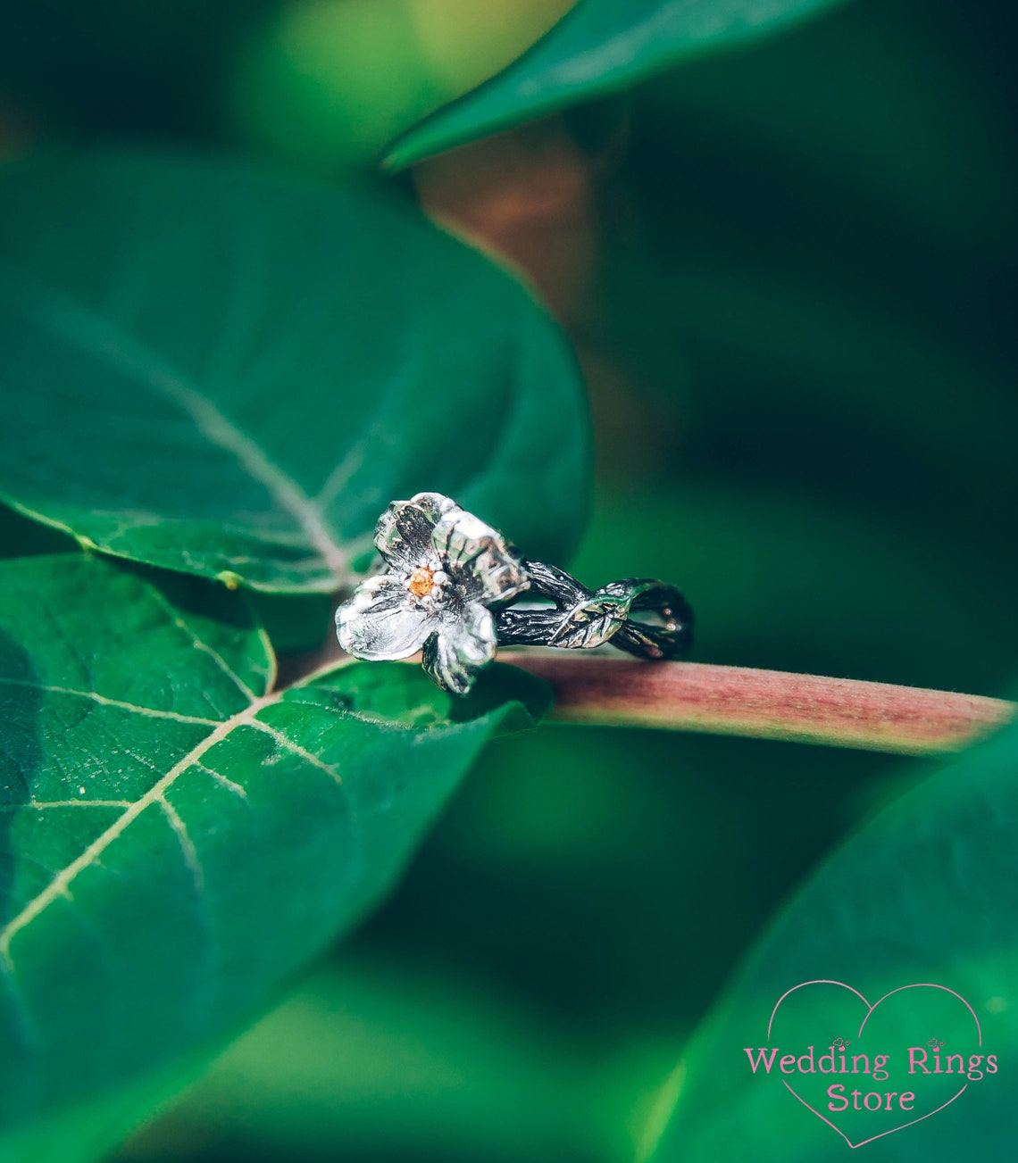 Fine Silver Branch and Citrine flower Engagement Ring