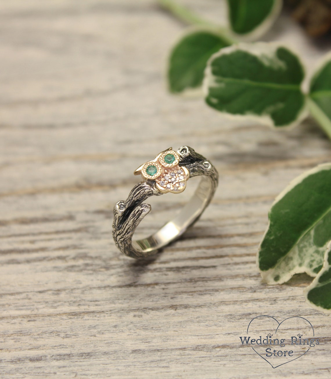 Gold Owl Ring with Emeralds and CZ on Silver Twig