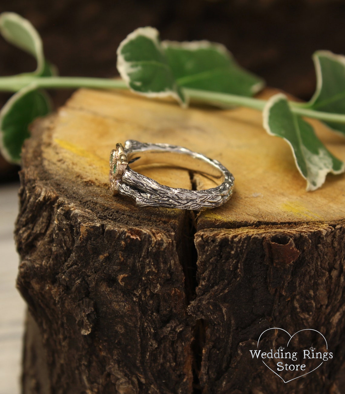 Gold Owl Ring with Emeralds and CZ on Silver Twig