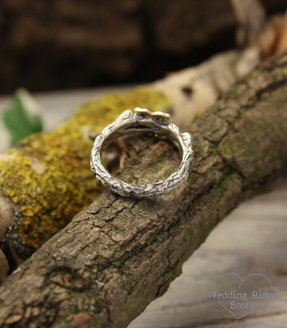 Gold Owl Ring with Emeralds and CZ on Silver Twig