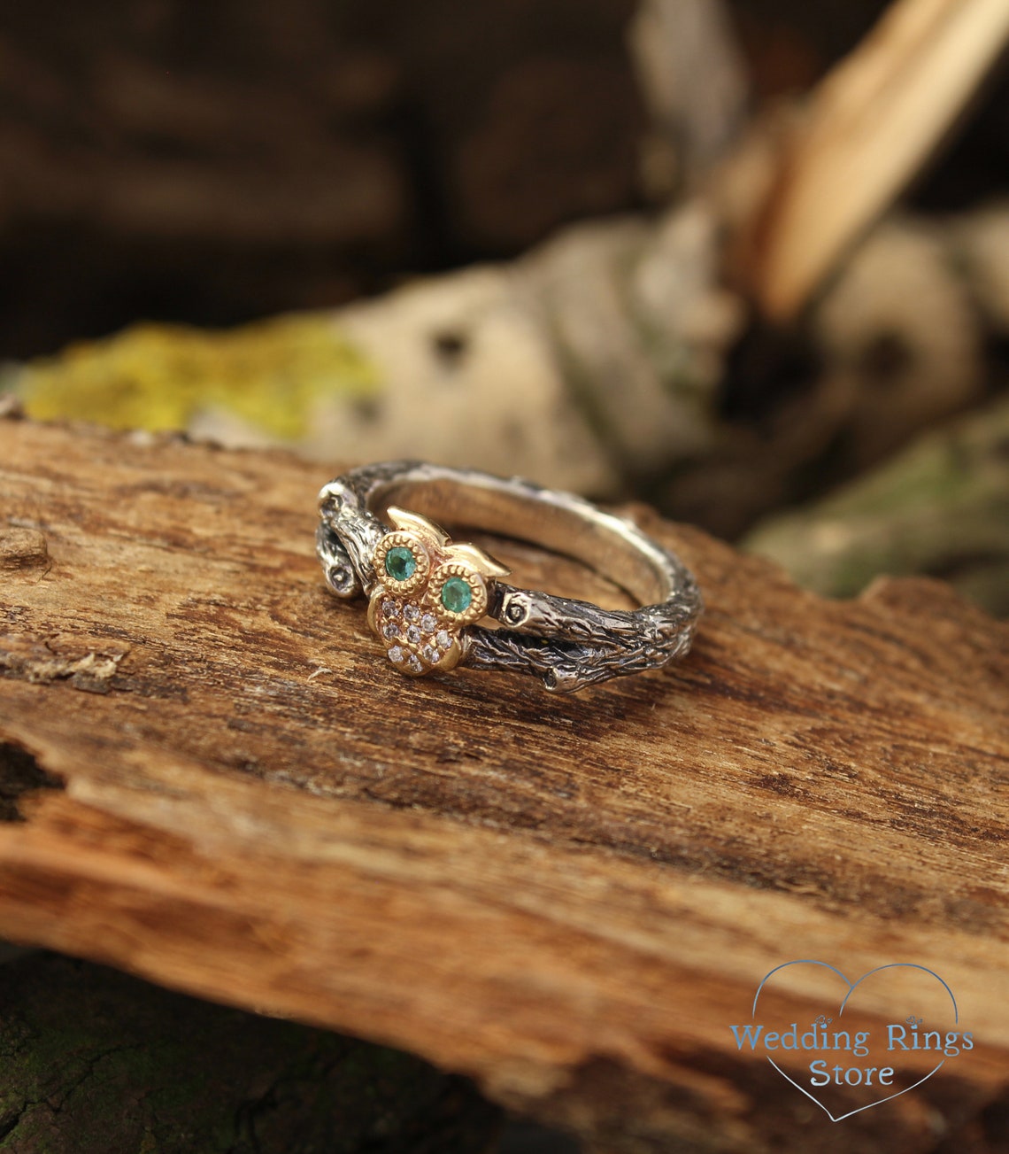 Gold Owl Ring with Emeralds and CZ on Silver Twig