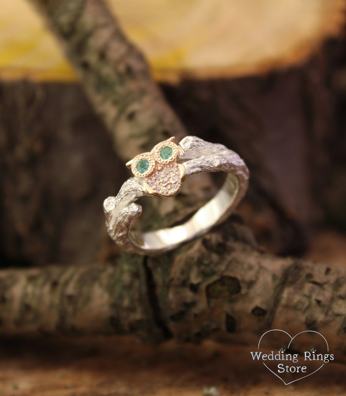 Gold Owl Ring with Emeralds and CZ on Silver Twig