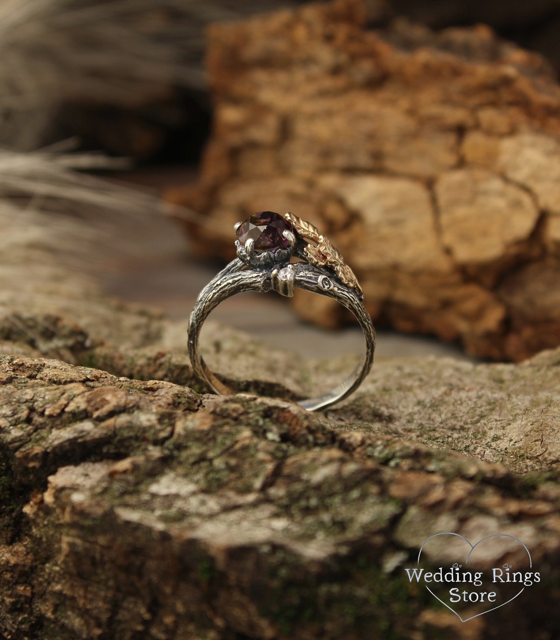 Ametrine Silver Twig Engagement Ring with Gold Oak Leaves