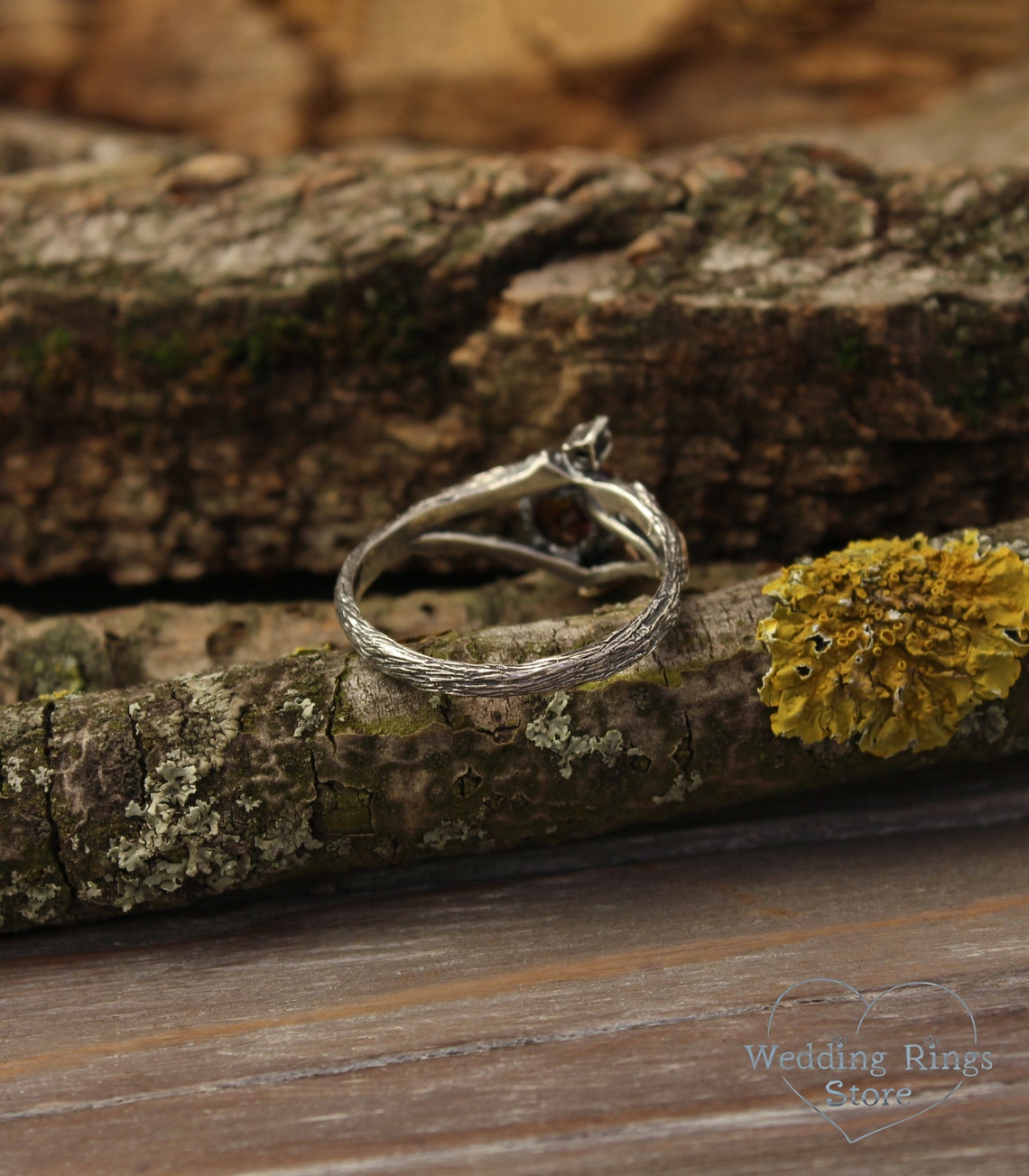 Ametrine Silver Twig Engagement Ring with Gold Oak Leaves