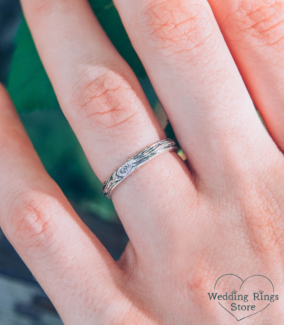 Thin Wedding Band with Tree bark Fine Silver Texture