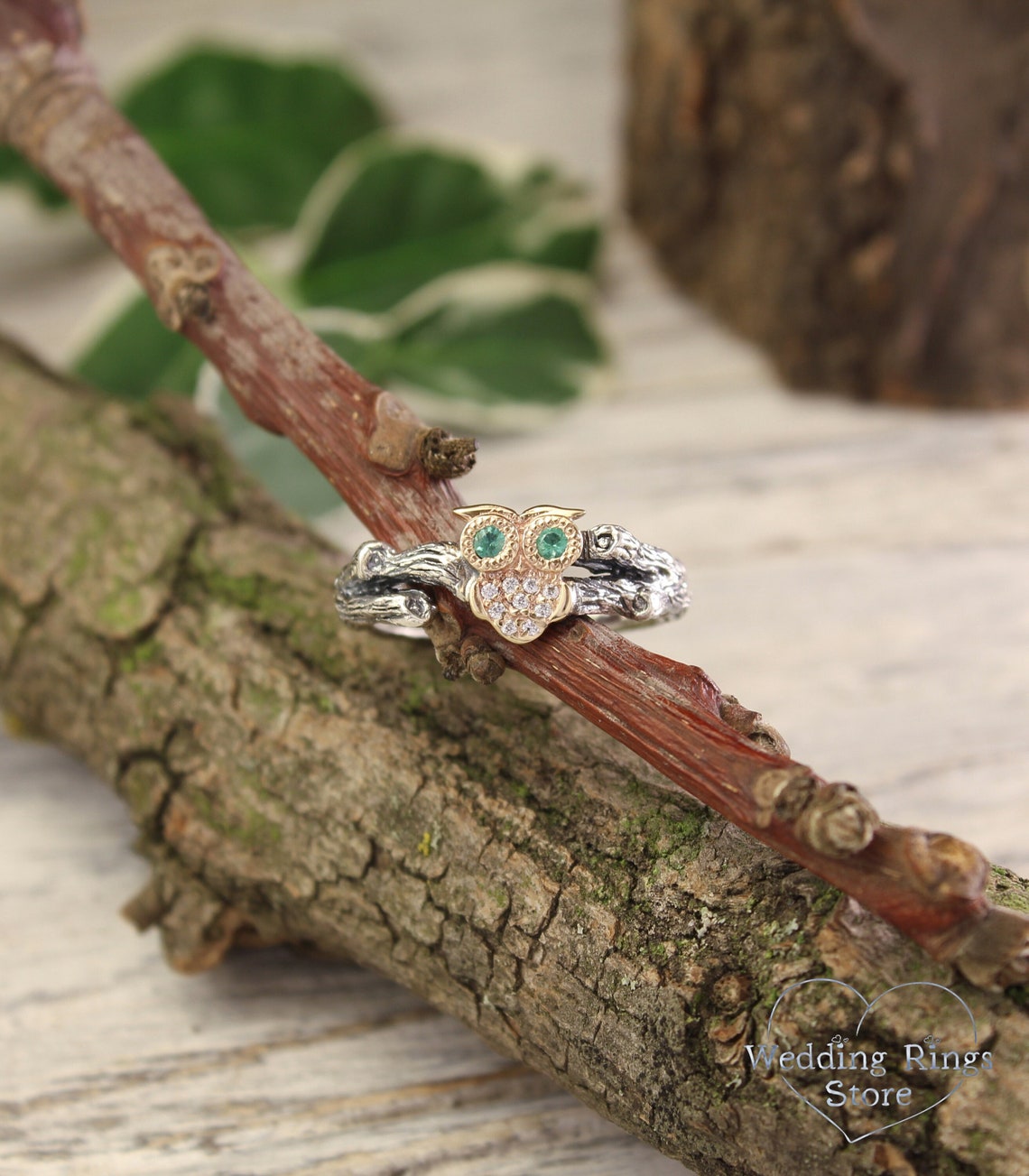 Gold Owl Ring with Emeralds and CZ on Silver Twig