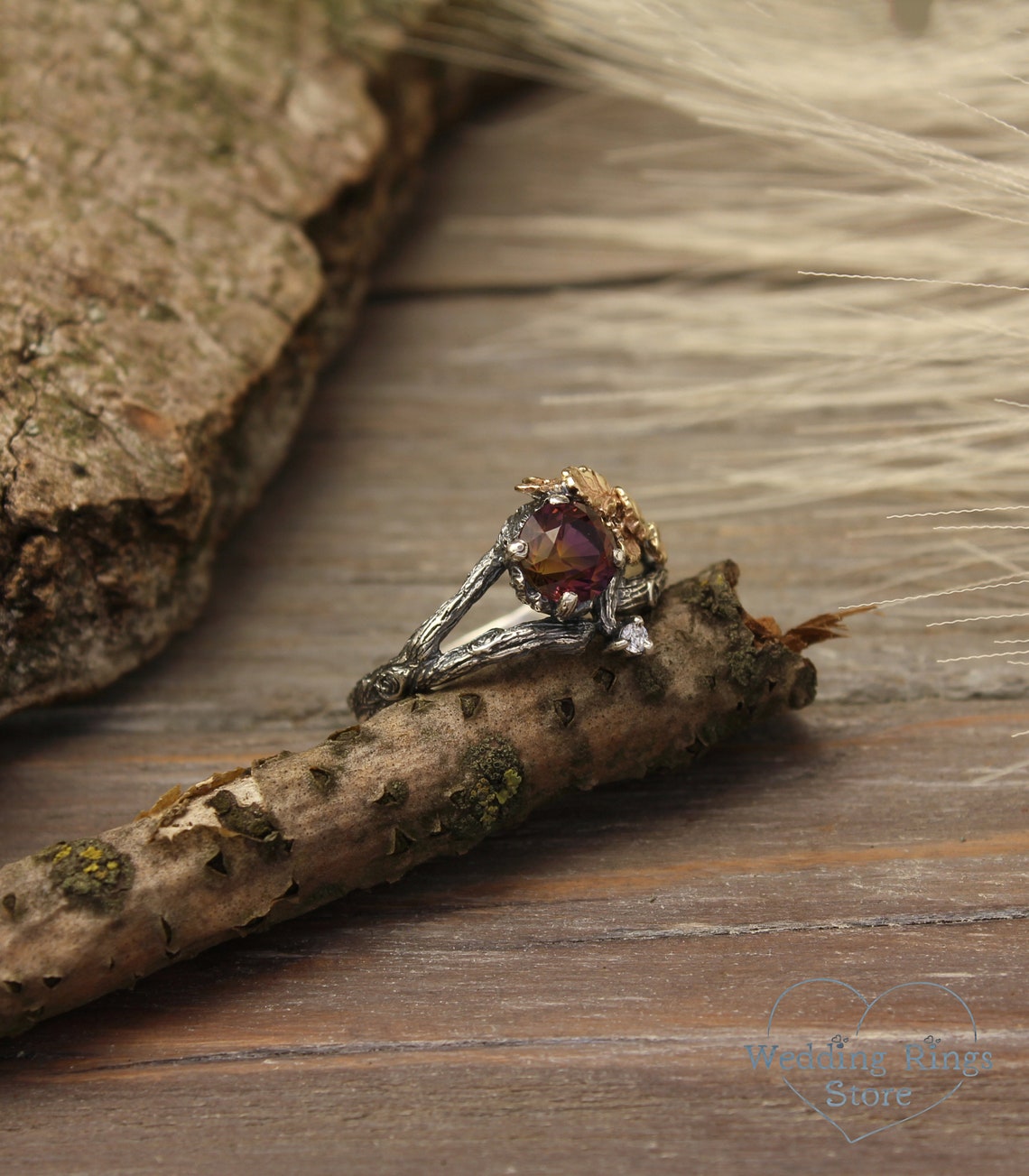 Ametrine Silver Twig Engagement Ring with Gold Oak Leaves