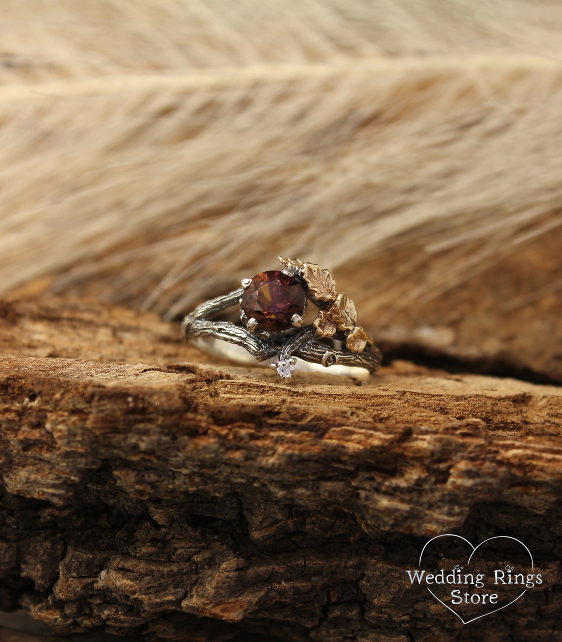 Ametrine Silver Twig Engagement Ring with Gold Oak Leaves