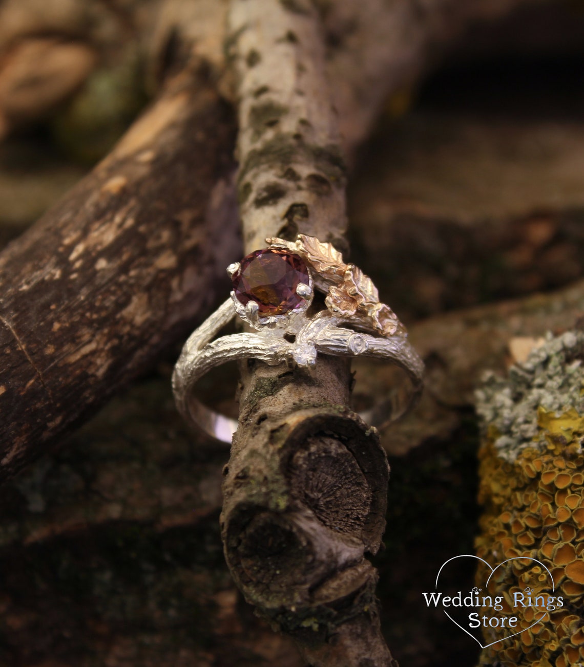 Ametrine Silver Twig Engagement Ring with Gold Oak Leaves