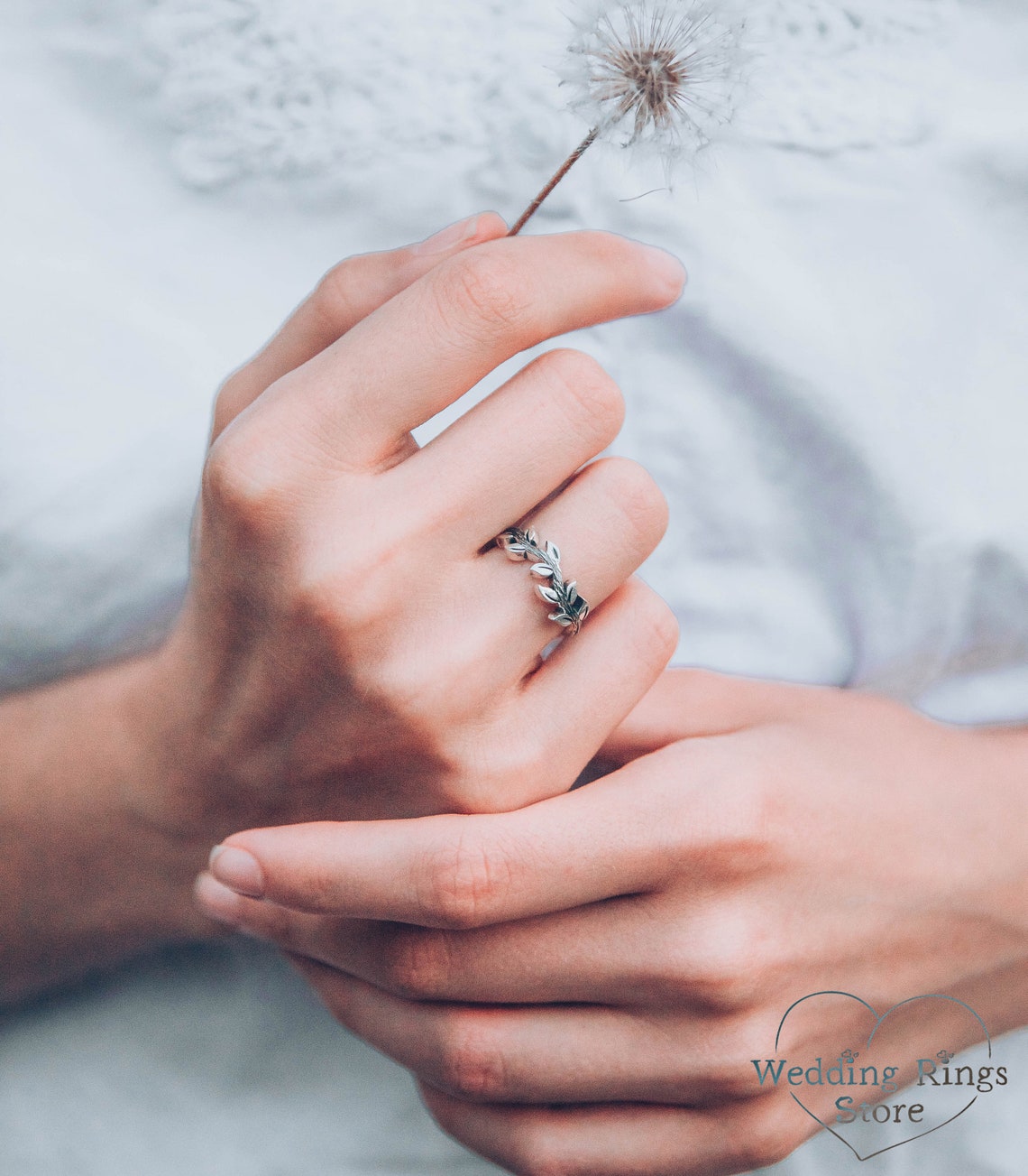 Delicate Fine Silver Side Leaves & Twig Ring for Her
