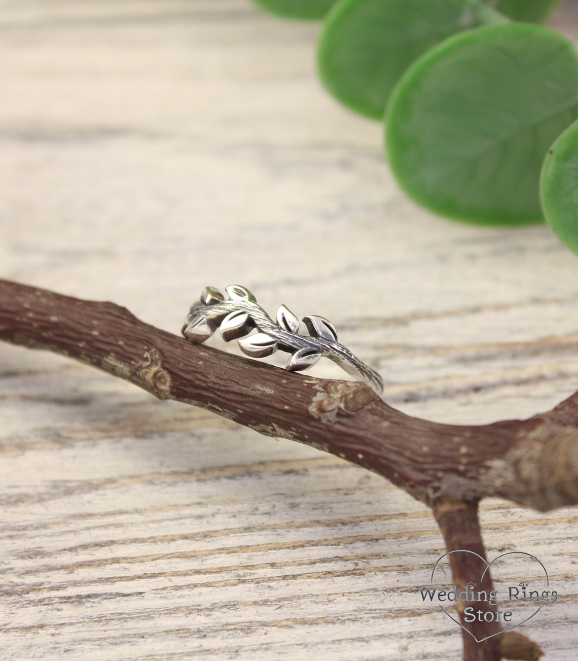 Delicate Fine Silver Side Leaves & Twig Ring for Her