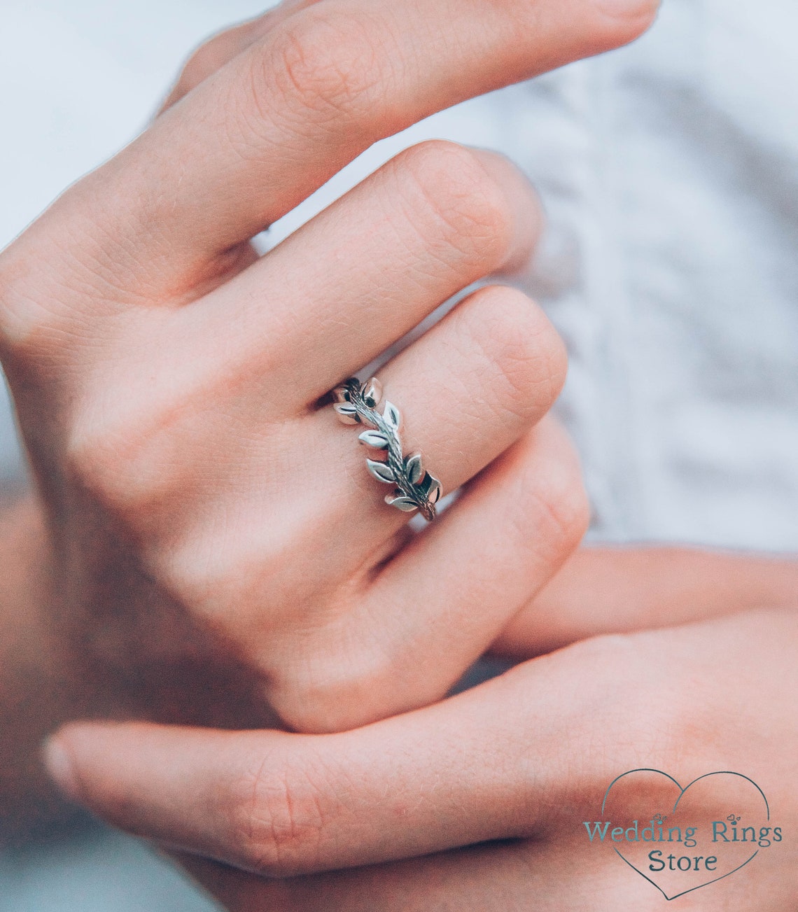 Delicate Fine Silver Side Leaves & Twig Ring for Her