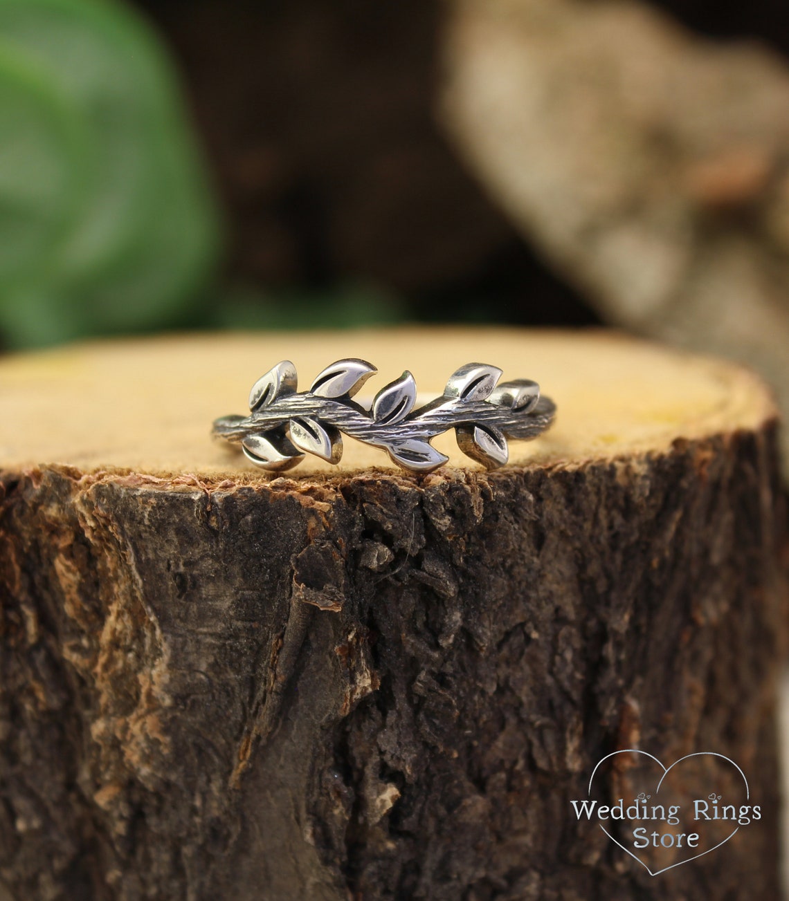 Delicate Fine Silver Side Leaves & Twig Ring for Her