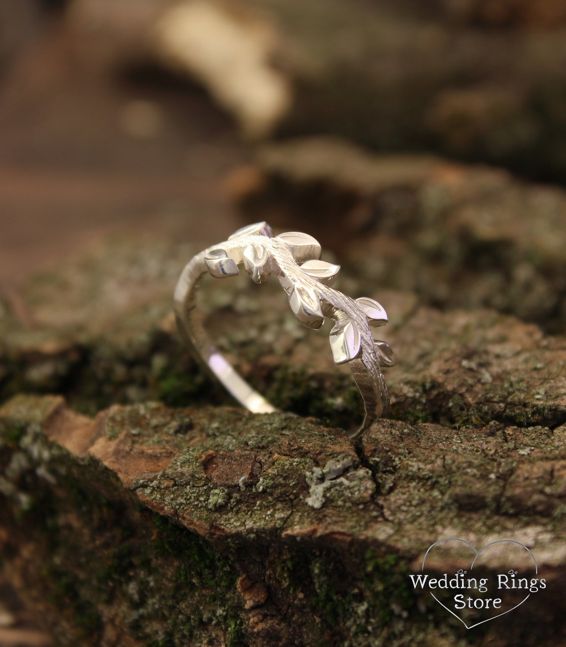 Delicate Fine Silver Side Leaves & Twig Ring for Her