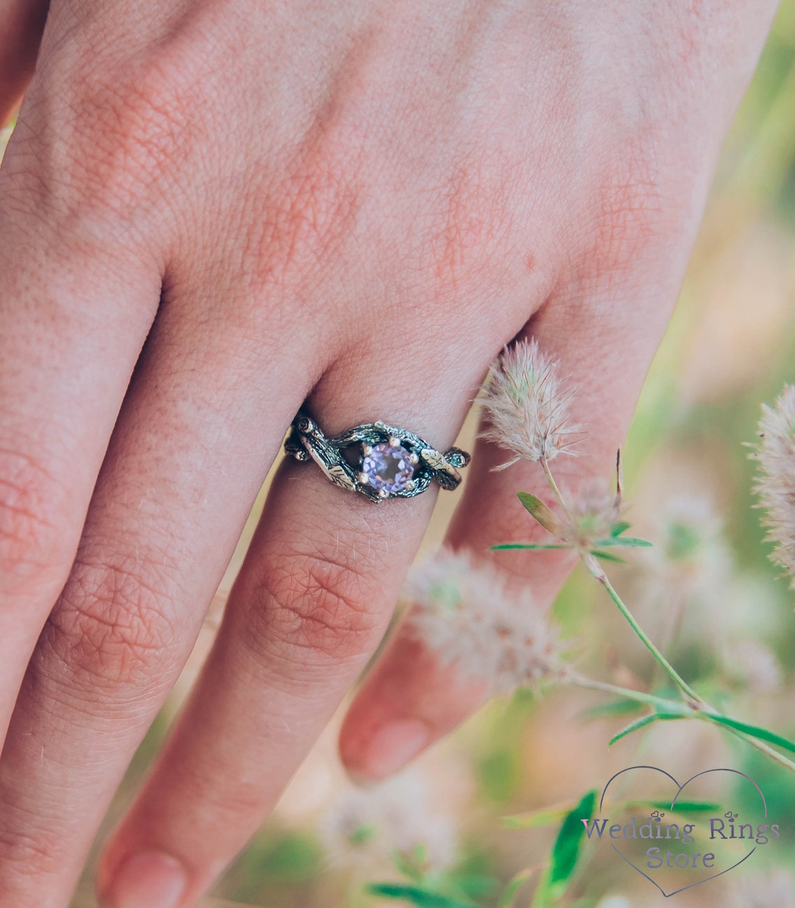 Unique Double Braided Silver Branch Ring with Natural Amethyst