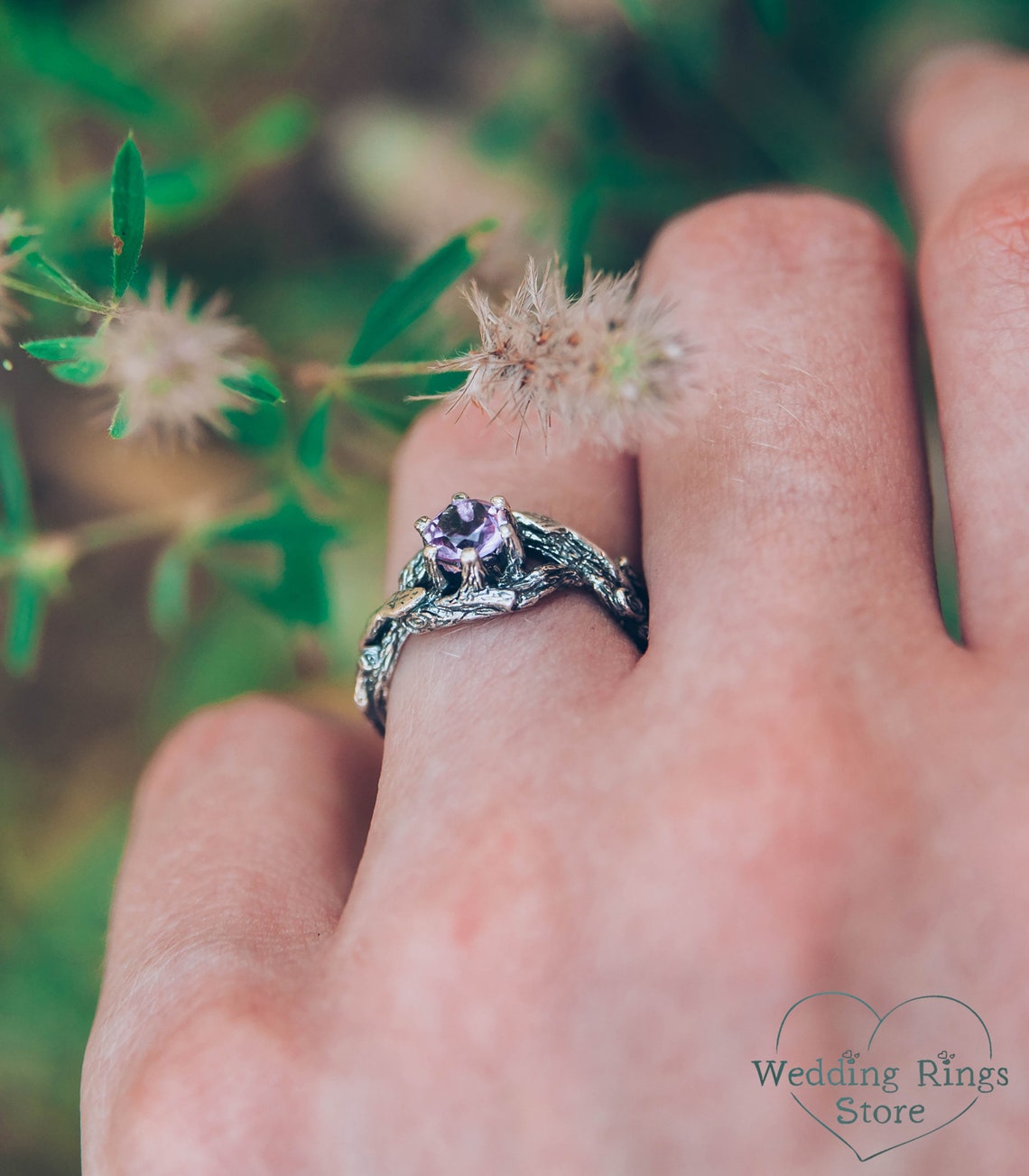 Unique Double Braided Silver Branch Ring with Natural Amethyst