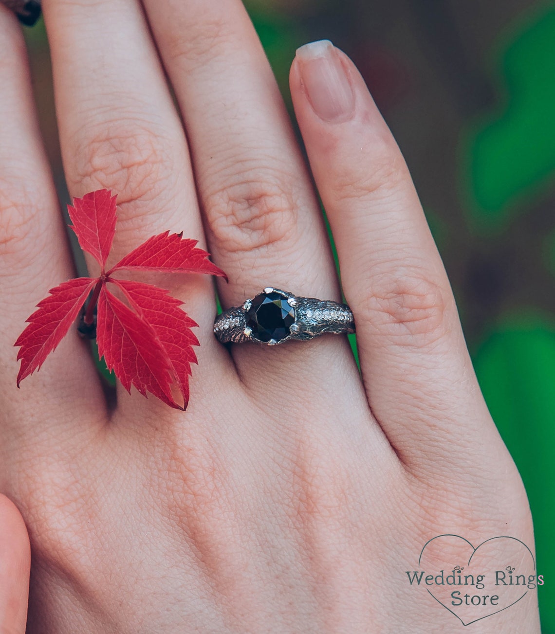 Big Garnet Ring with Silver Tree and Side Stones