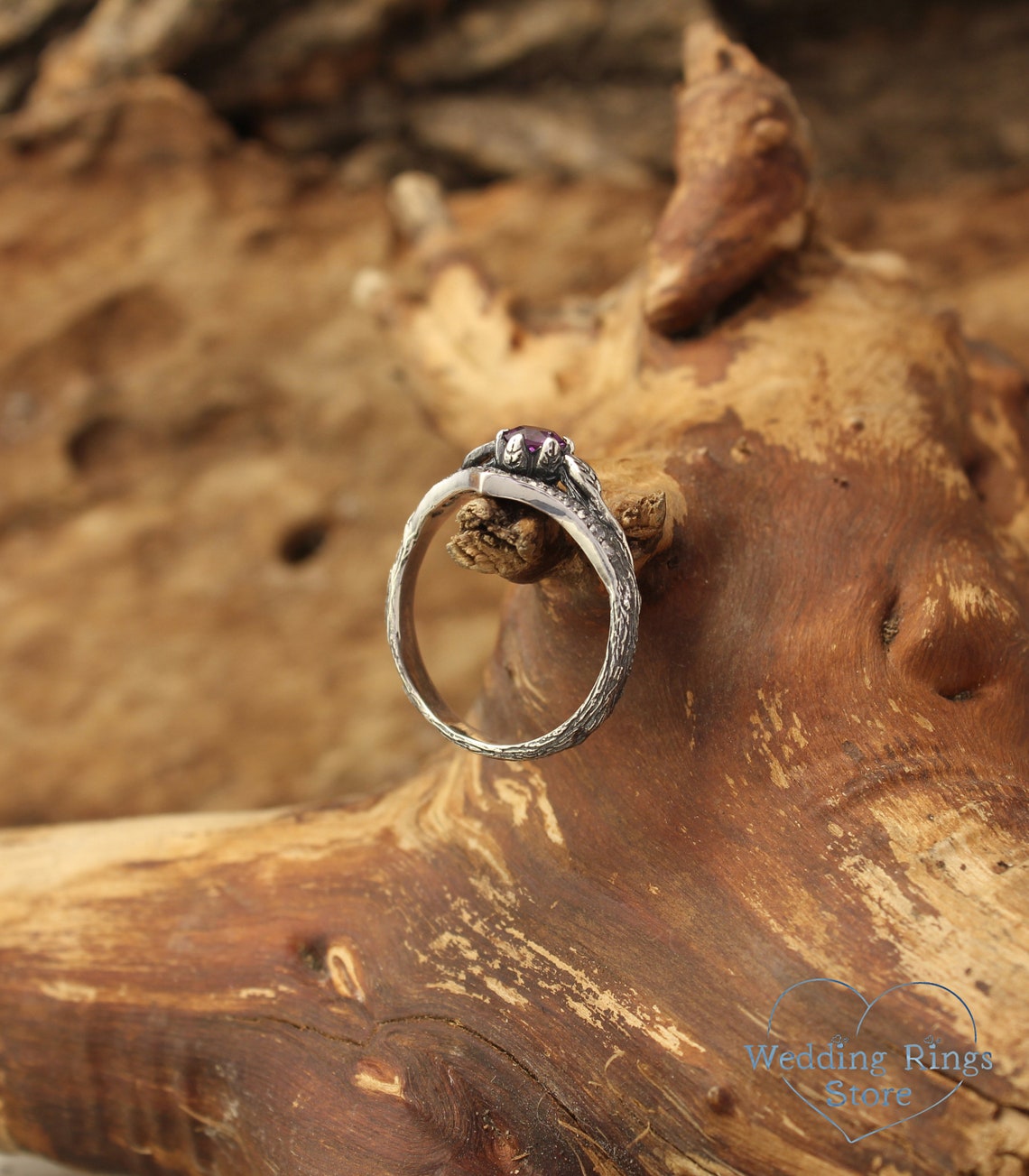 Cute Amethyst Chevron Ring Silver Twig strewn Gems & Leaves