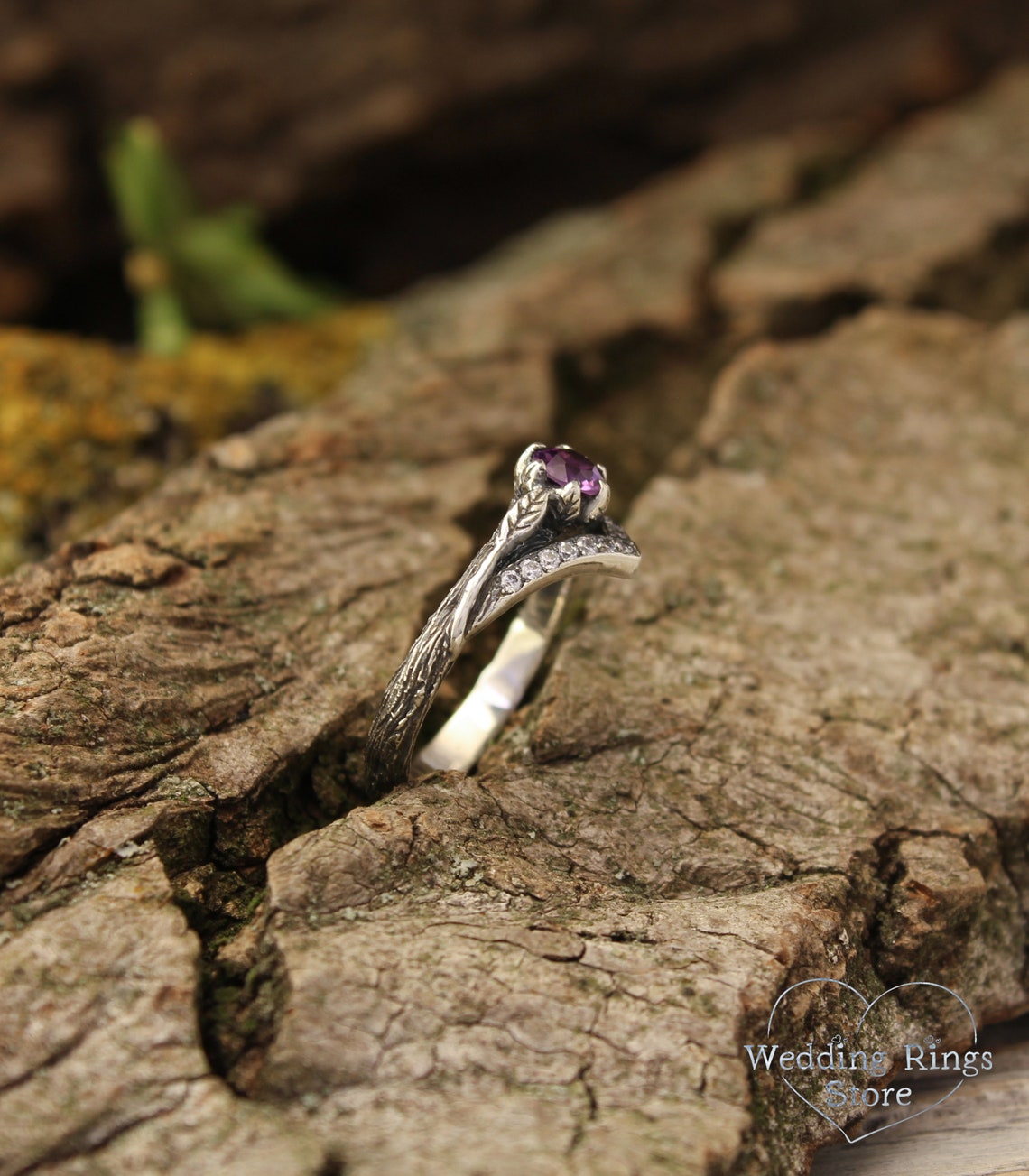 Cute Amethyst Chevron Ring Silver Twig strewn Gems & Leaves
