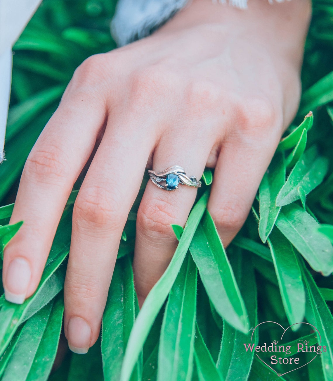 Tiny Silver Branch and Leaves with blue Topaz Engagement Ring