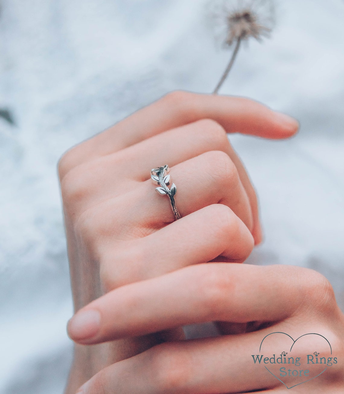 Delicate Fine Silver Side Leaves & Twig Ring for Her