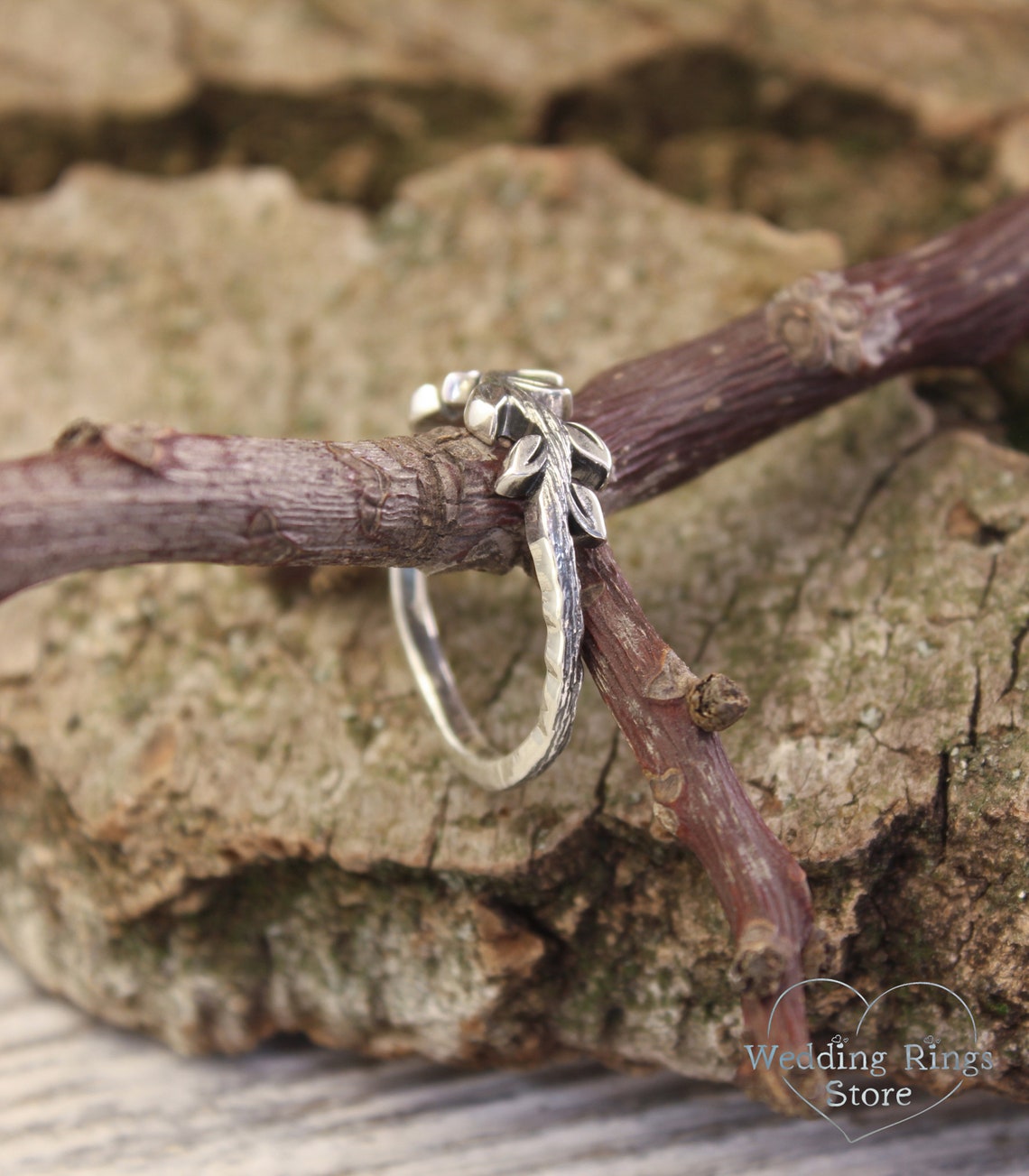 Delicate Fine Silver Side Leaves & Twig Ring for Her