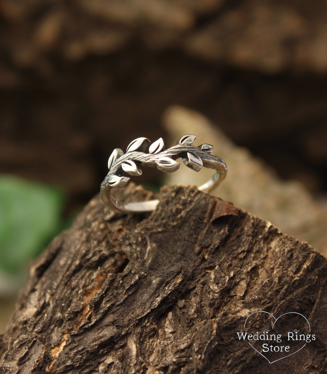 Delicate Fine Silver Side Leaves & Twig Ring for Her