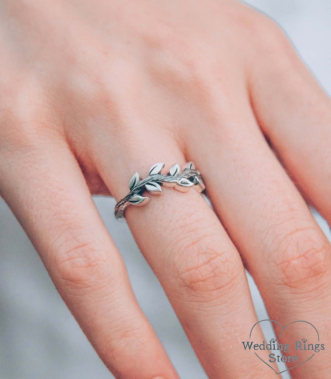 Delicate Fine Silver Side Leaves & Twig Ring for Her