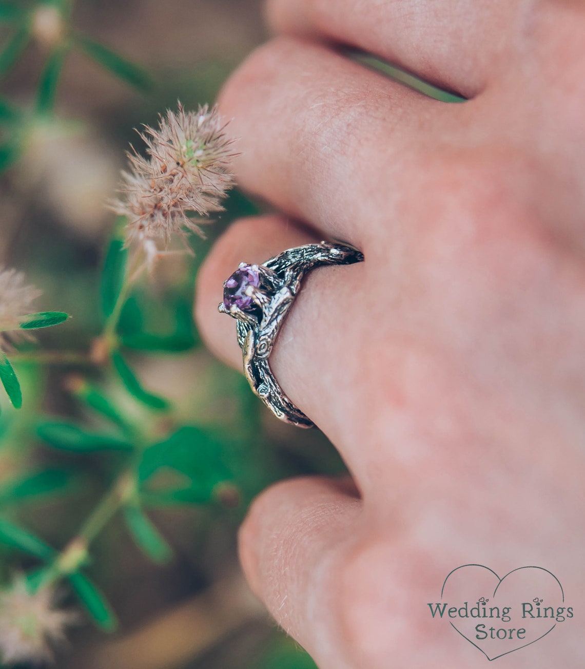 Unique Double Braided Silver Branch Ring with Natural Amethyst