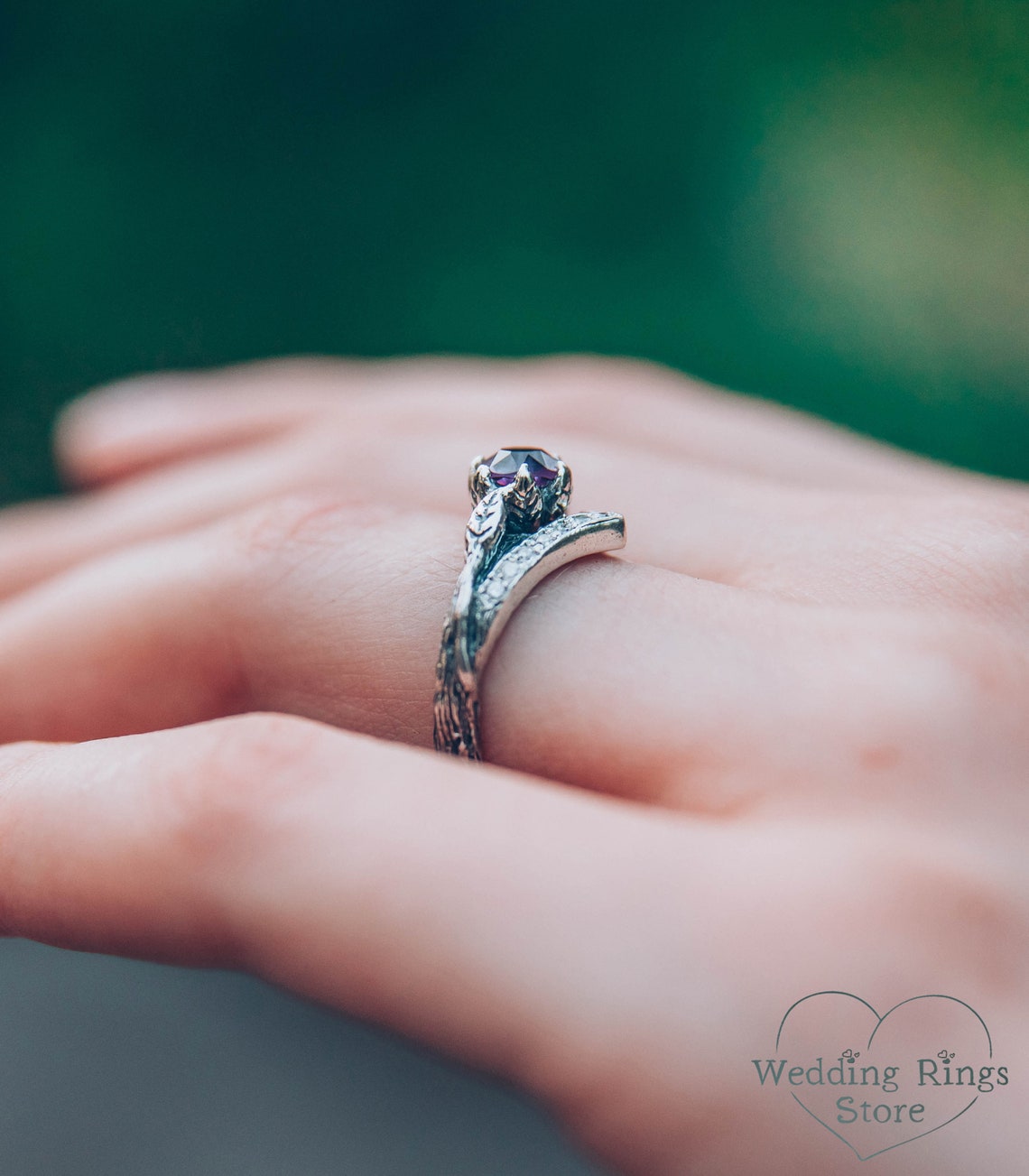 Cute Amethyst Chevron Ring Silver Twig strewn Gems & Leaves