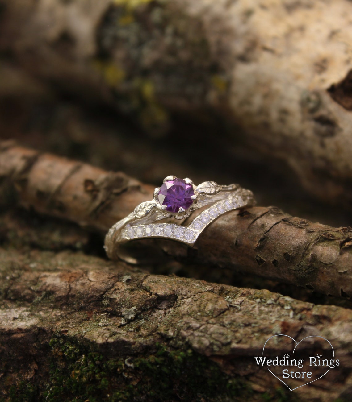 Cute Amethyst Chevron Ring Silver Twig strewn Gems & Leaves