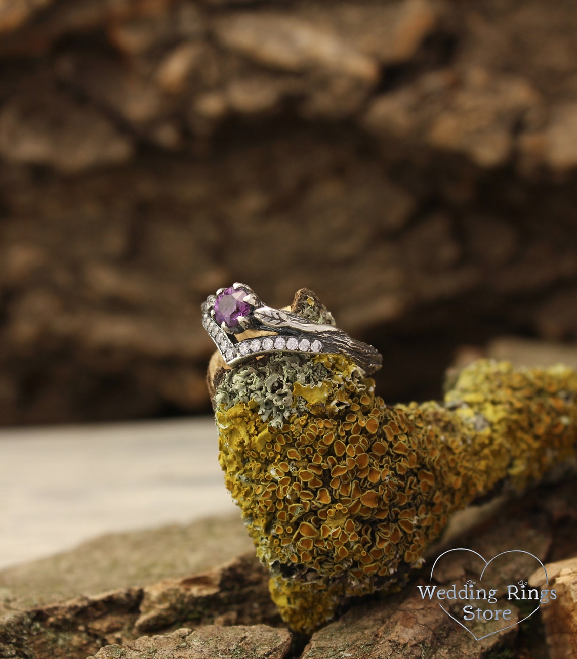 Cute Amethyst Chevron Ring Silver Twig strewn Gems & Leaves