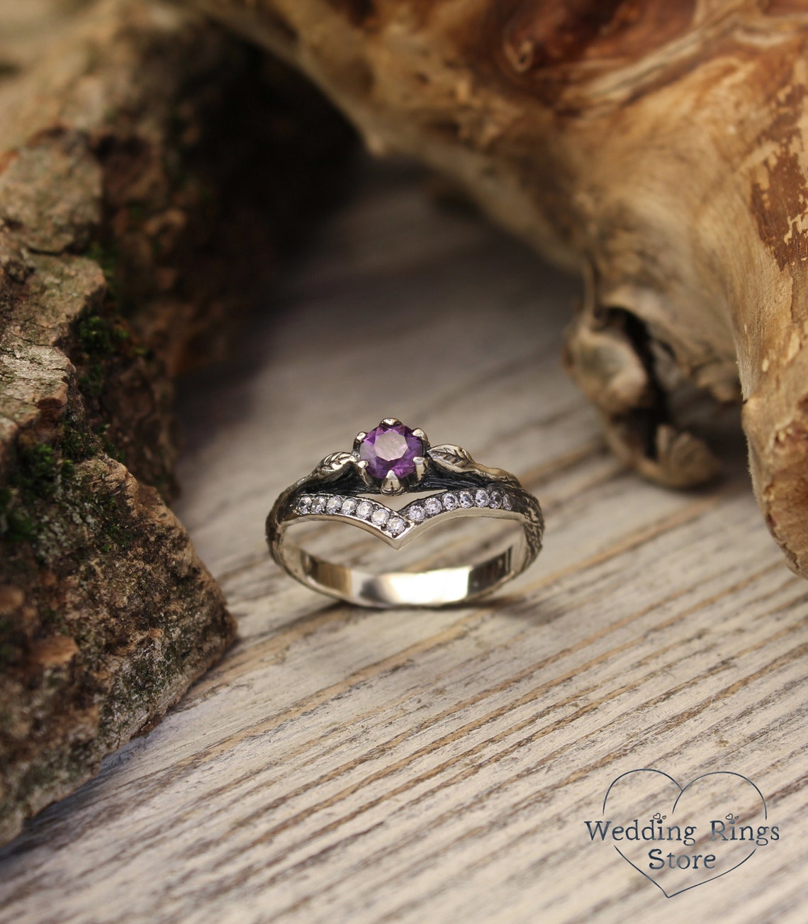 Cute Amethyst Chevron Ring Silver Twig strewn Gems & Leaves