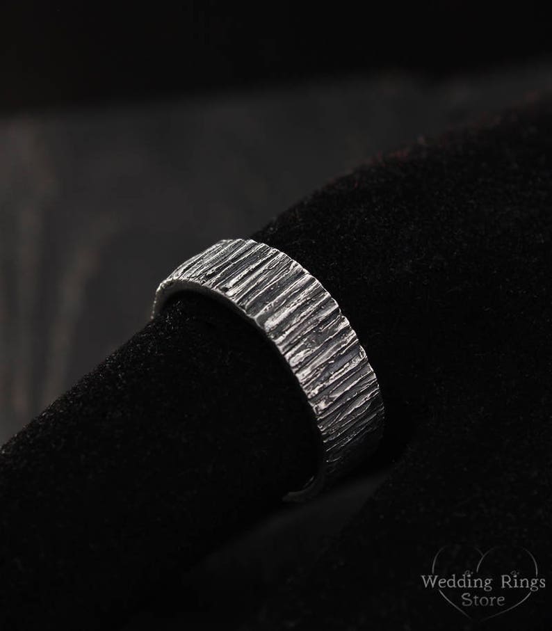 Rustic Men's Wedding Band with Silver Wood Bark Texture