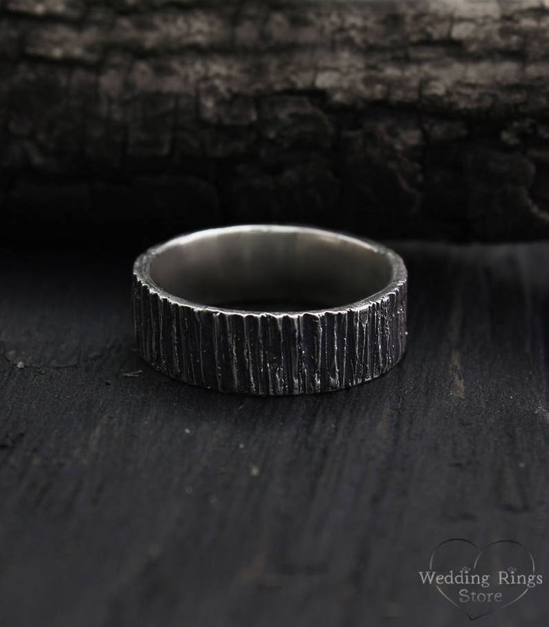 Rustic Men's Wedding Band with Silver Wood Bark Texture