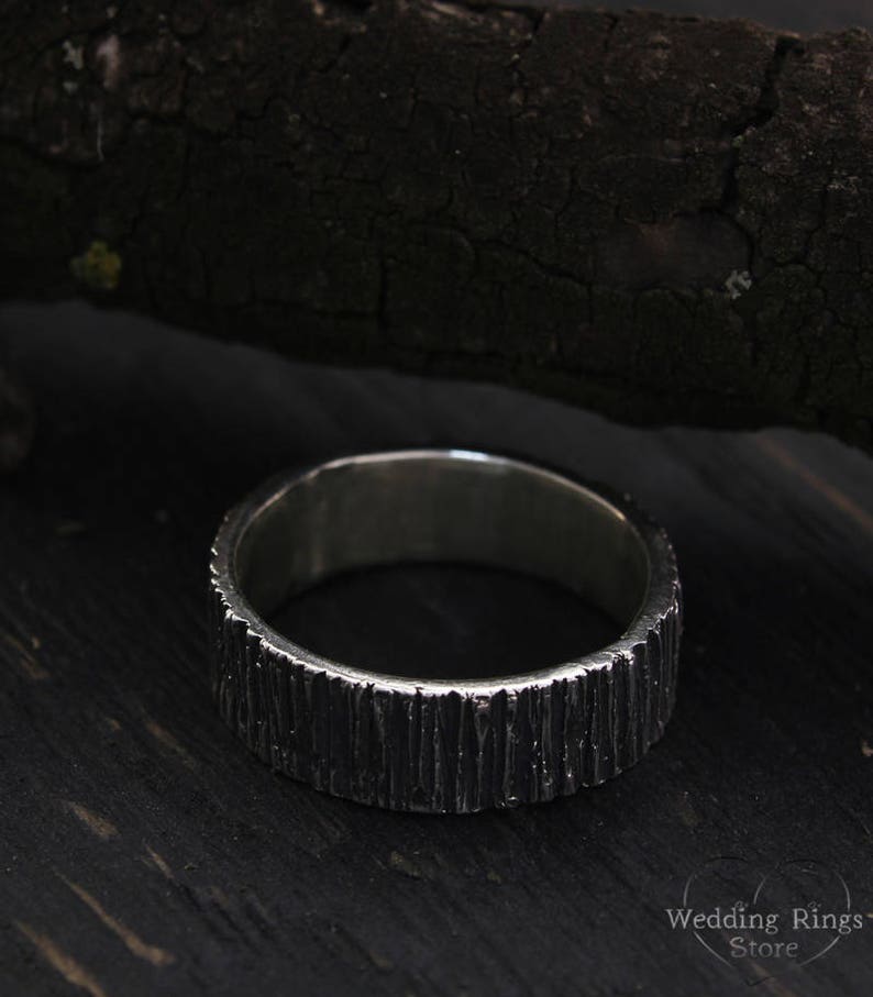 Rustic Men's Wedding Band with Silver Wood Bark Texture