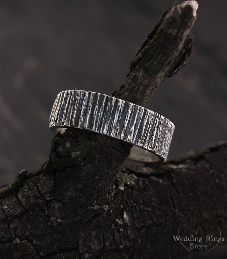 Rustic Men's Wedding Band with Silver Wood Bark Texture