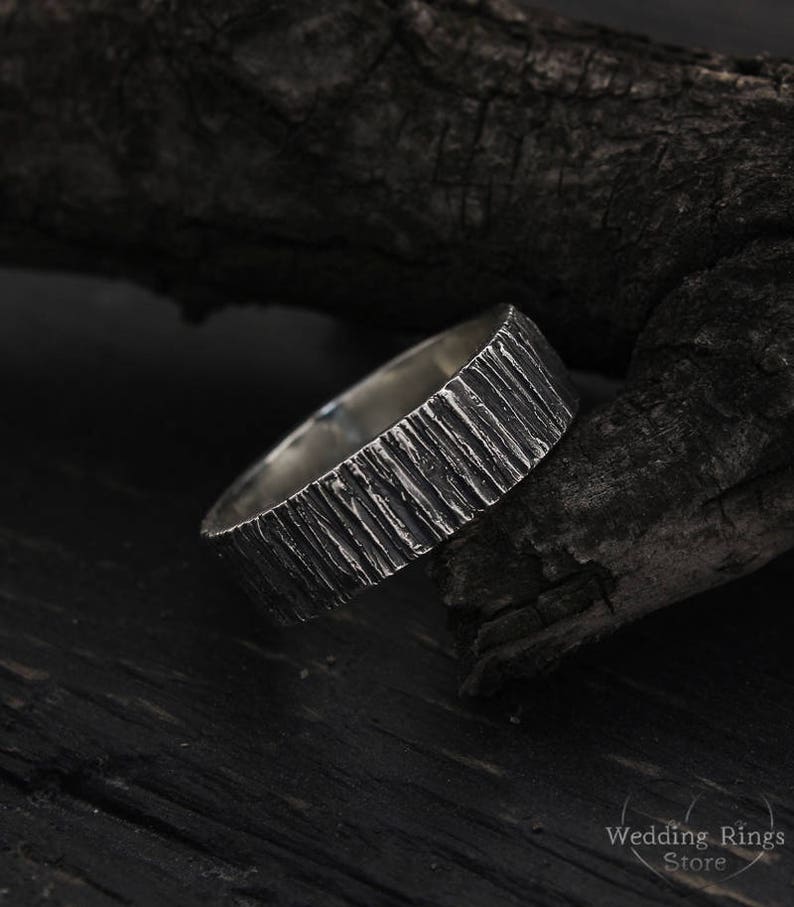 Rustic Men's Wedding Band with Silver Wood Bark Texture