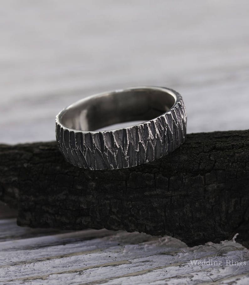 Brutalist Black Woodbark Silver Rustic Men's Wedding Band
