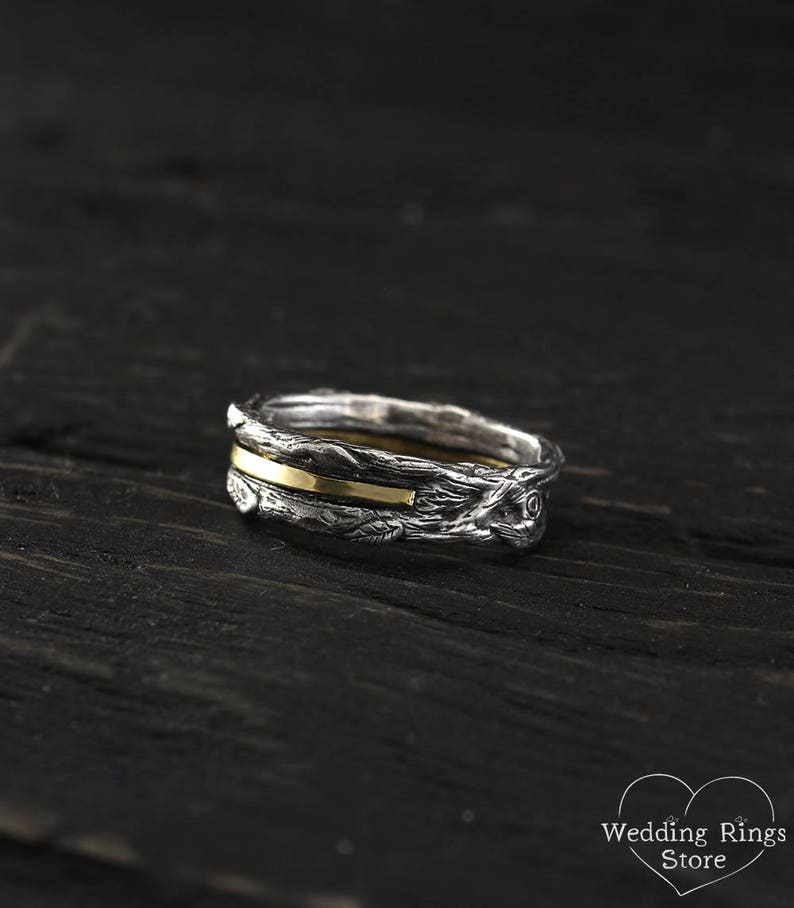 Gold Strip and Silver Branch Wedding Band with Leaves
