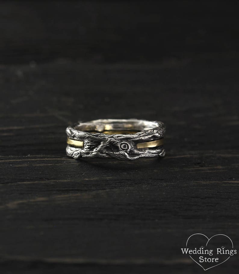 Gold Strip and Silver Branch Wedding Band with Leaves