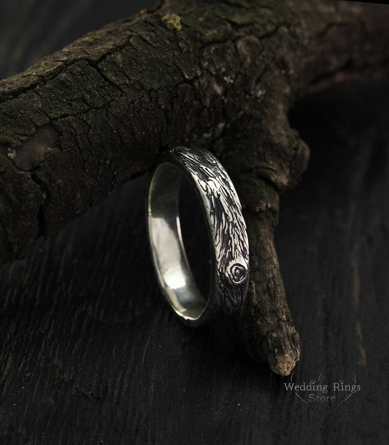 Forest Tree Bark Mens Sterling Silver Wedding Band