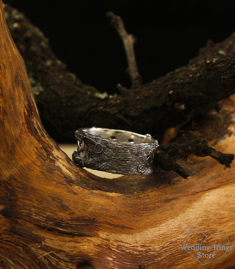 Braided pattern & Forest Wood bark Silver Wedding Ring
