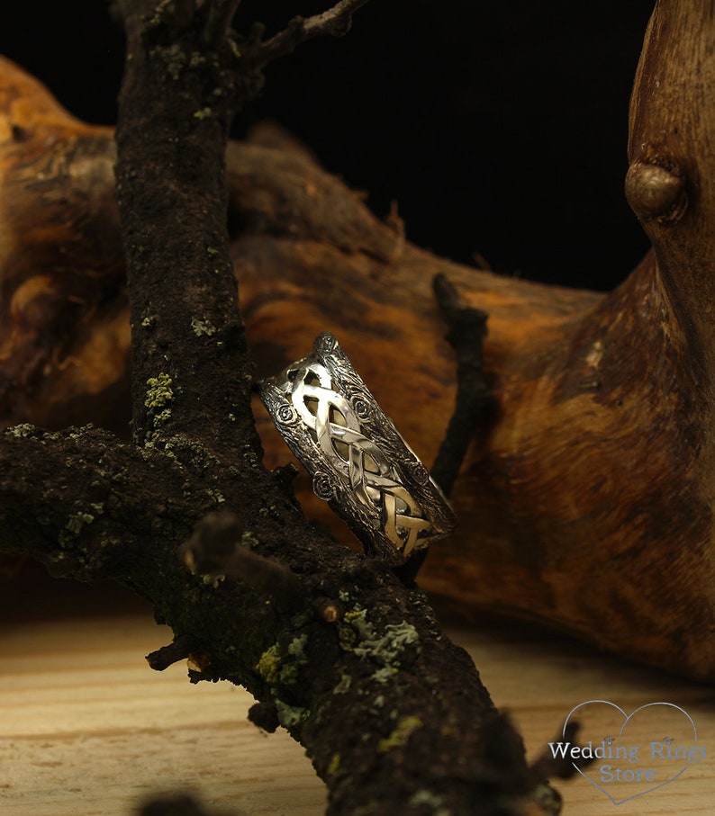 Braided pattern & Forest Wood bark Silver Wedding Ring