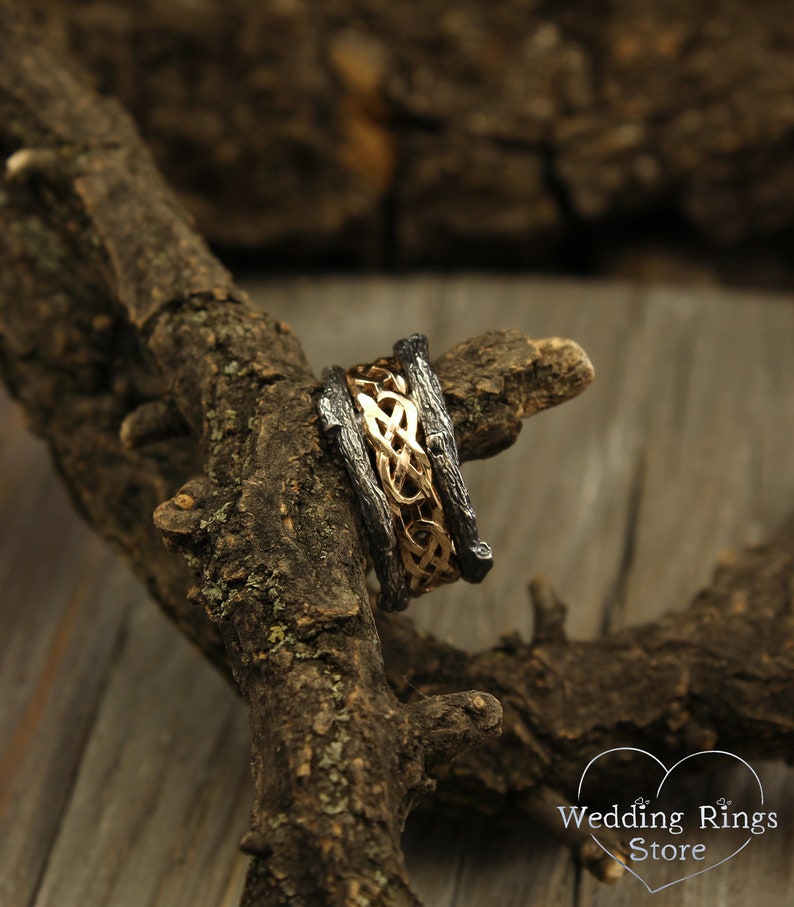 Celtic knot and Tree bark Men's Wedding Band in Mixed Metals