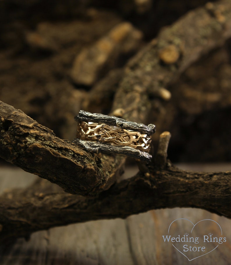Celtic knot and Tree bark Men's Wedding Band in Mixed Metals